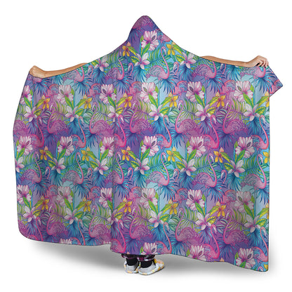 Tropical Flamingo And Hibiscus Print Hooded Blanket