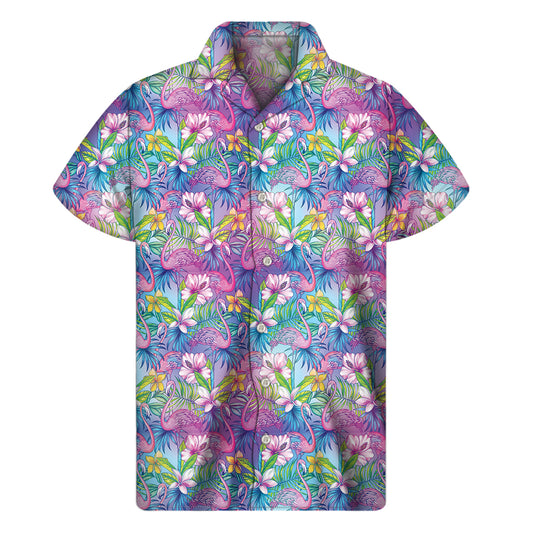 Tropical Flamingo And Hibiscus Print Men's Short Sleeve Shirt