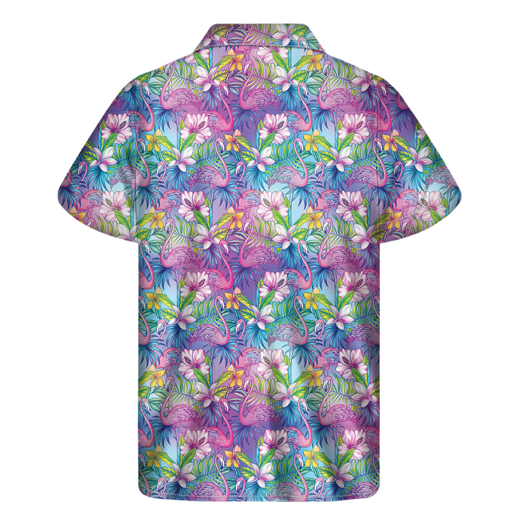 Tropical Flamingo And Hibiscus Print Men's Short Sleeve Shirt