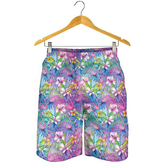 Tropical Flamingo And Hibiscus Print Men's Shorts