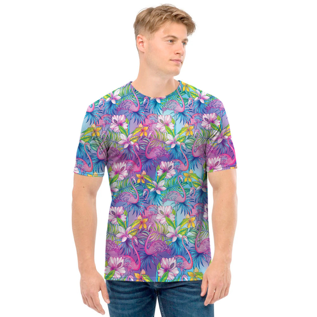 Tropical Flamingo And Hibiscus Print Men's T-Shirt