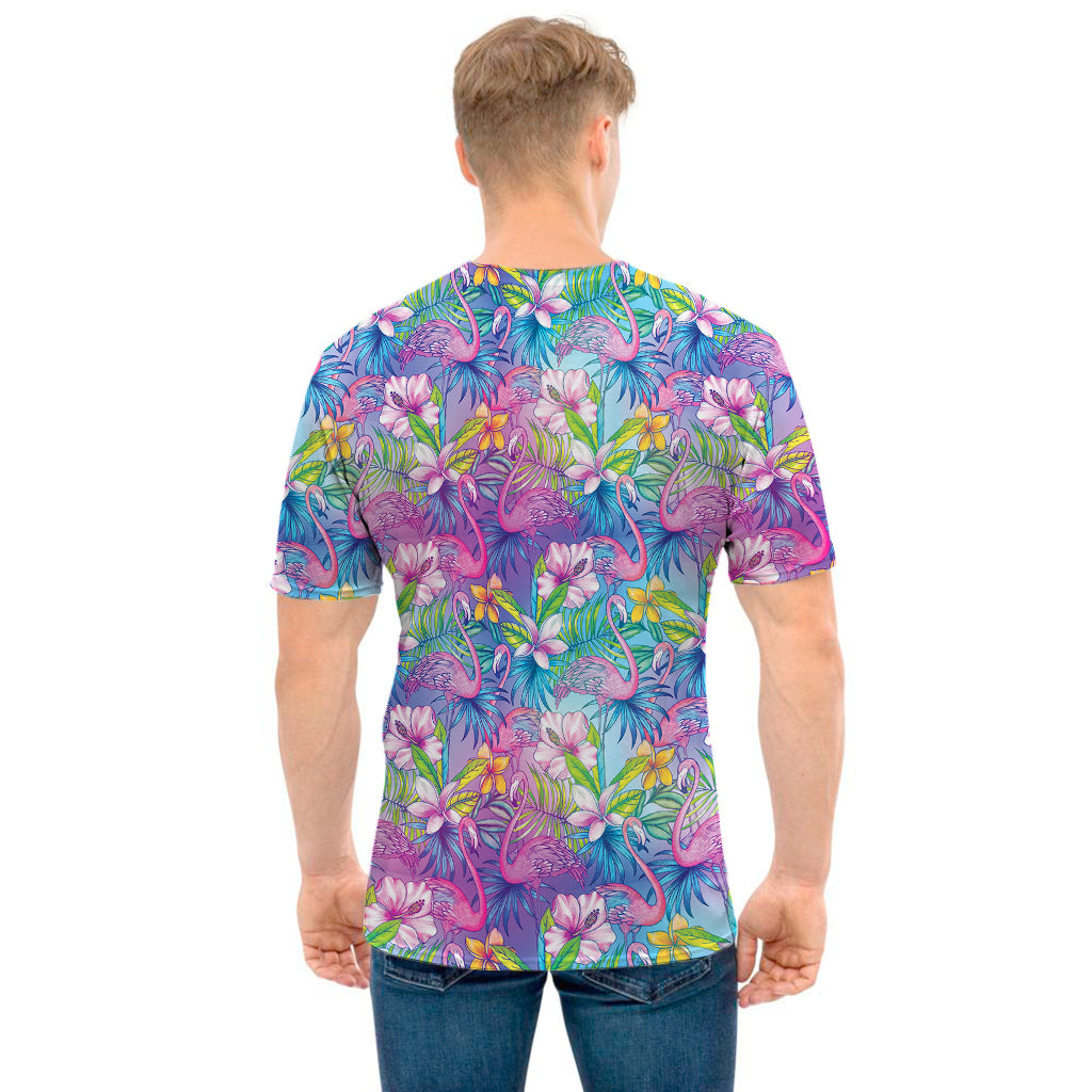 Tropical Flamingo And Hibiscus Print Men's T-Shirt