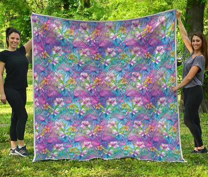Tropical Flamingo And Hibiscus Print Quilt