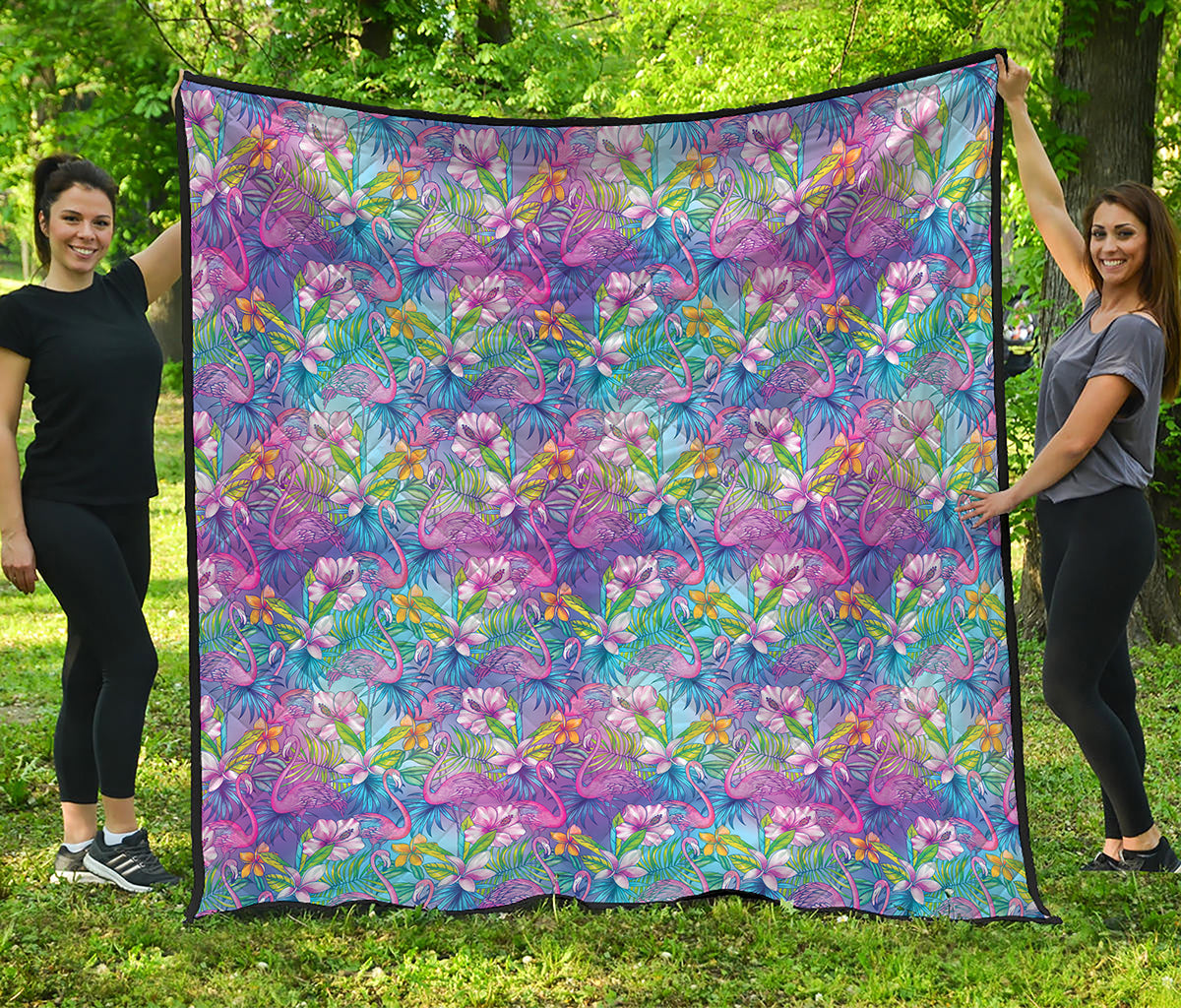 Tropical Flamingo And Hibiscus Print Quilt
