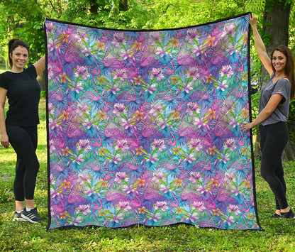 Tropical Flamingo And Hibiscus Print Quilt