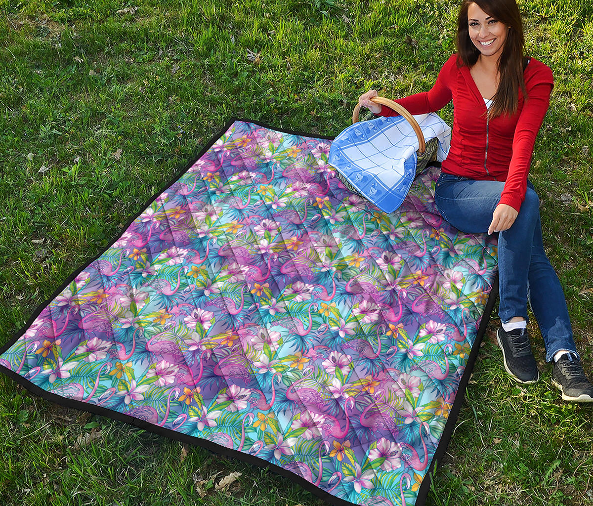 Tropical Flamingo And Hibiscus Print Quilt