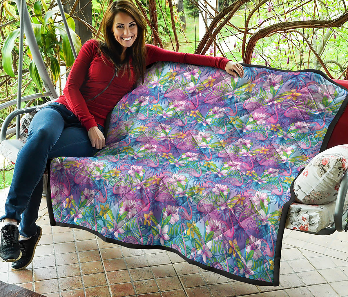 Tropical Flamingo And Hibiscus Print Quilt