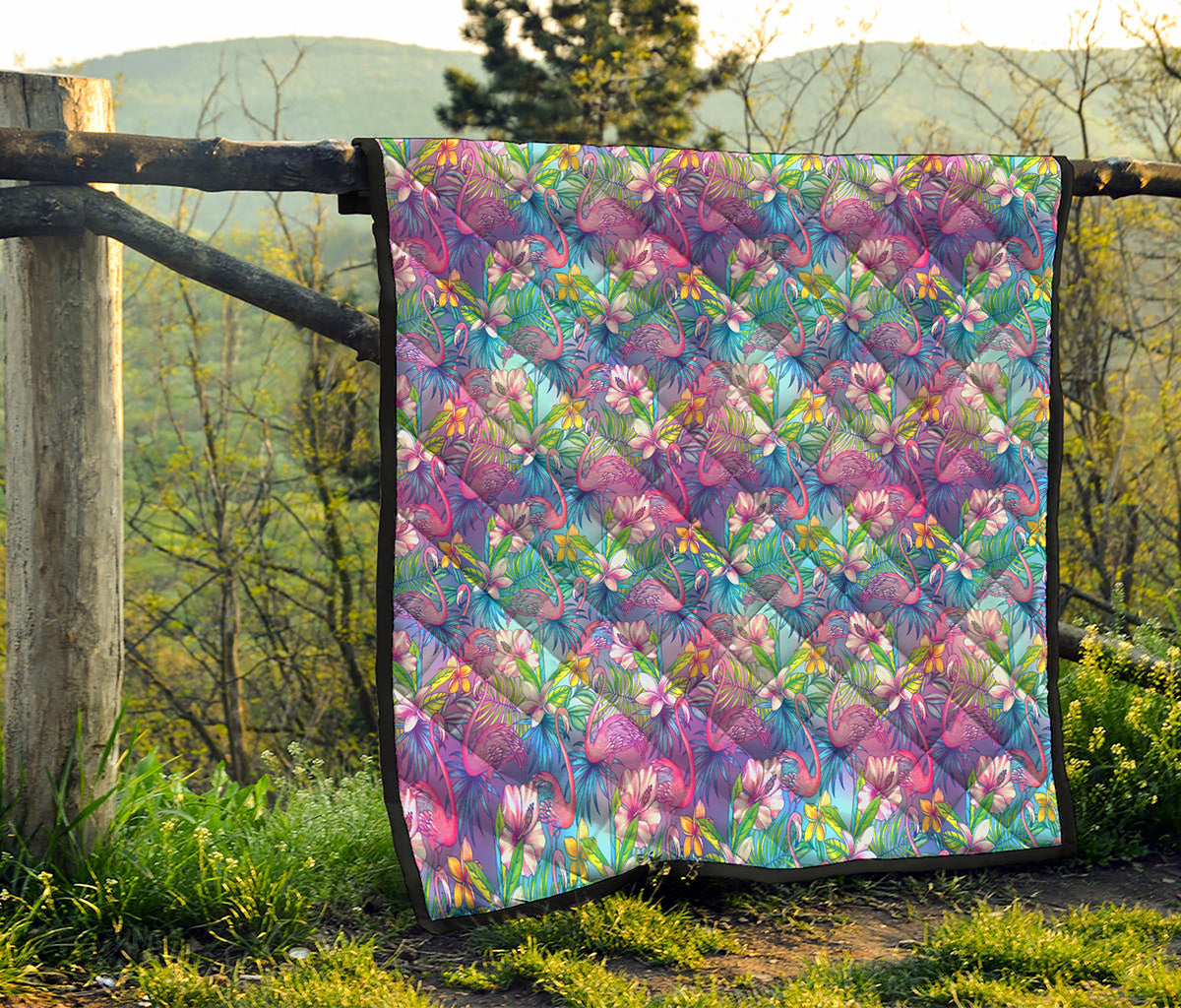 Tropical Flamingo And Hibiscus Print Quilt