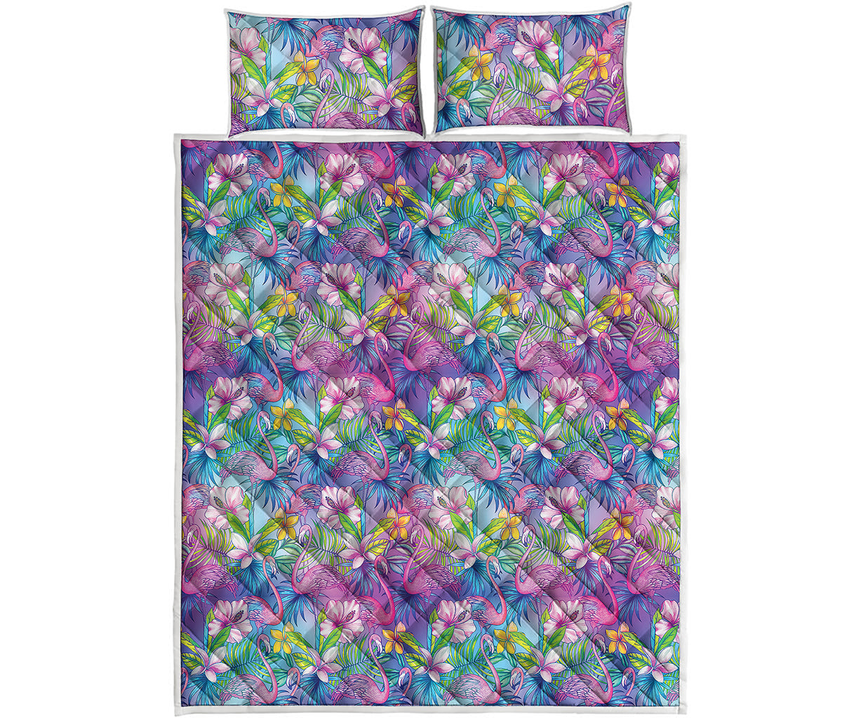 Tropical Flamingo And Hibiscus Print Quilt Bed Set