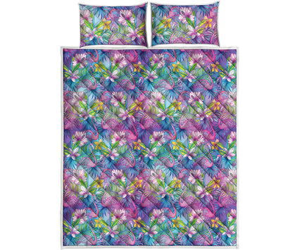 Tropical Flamingo And Hibiscus Print Quilt Bed Set