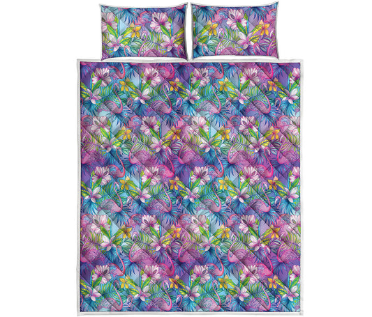 Tropical Flamingo And Hibiscus Print Quilt Bed Set