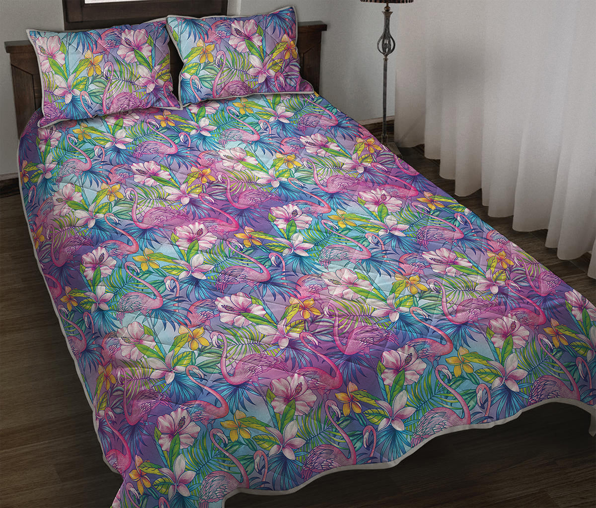 Tropical Flamingo And Hibiscus Print Quilt Bed Set