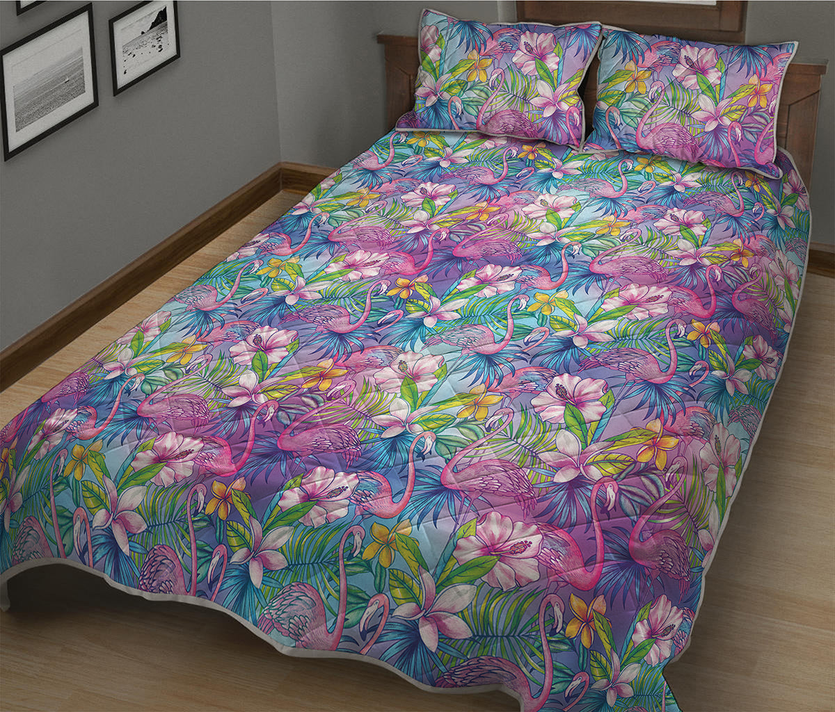 Tropical Flamingo And Hibiscus Print Quilt Bed Set