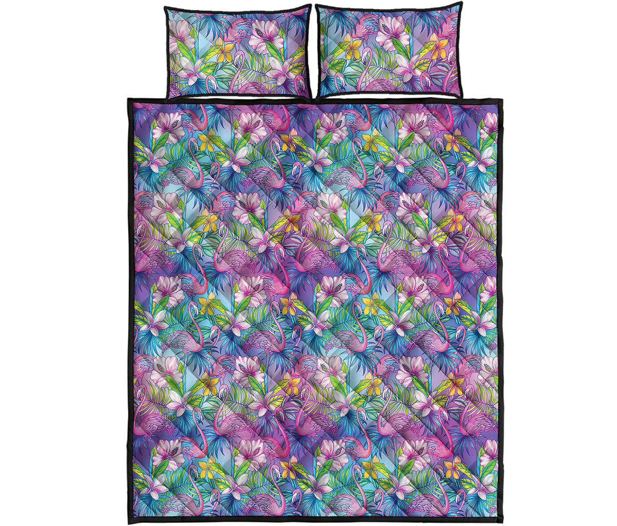 Tropical Flamingo And Hibiscus Print Quilt Bed Set