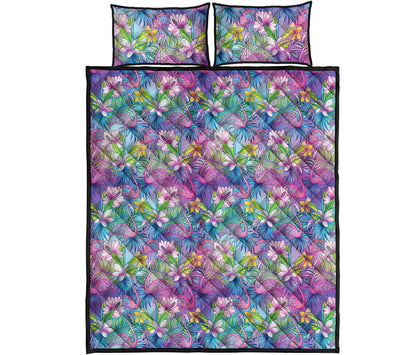 Tropical Flamingo And Hibiscus Print Quilt Bed Set