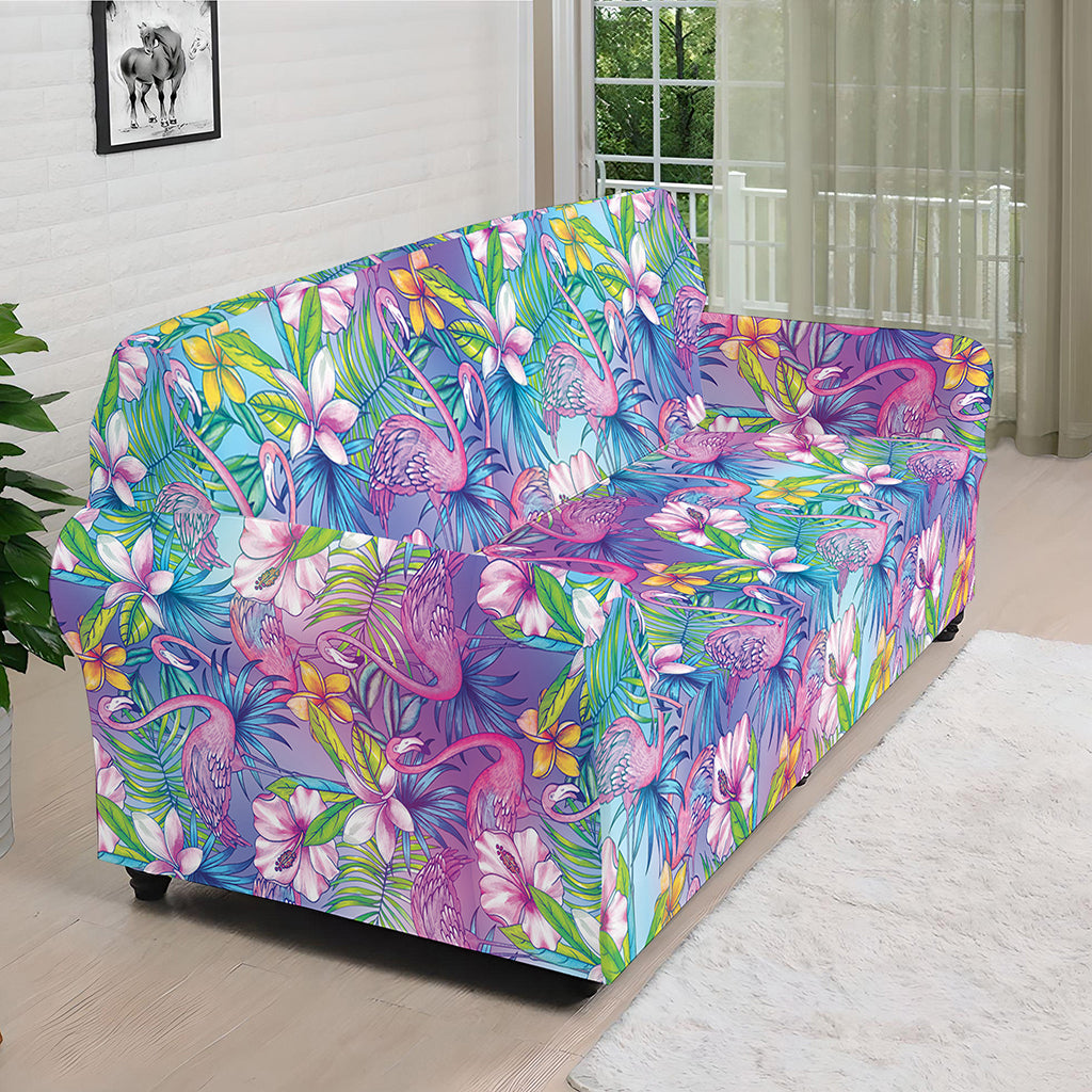 Tropical Flamingo And Hibiscus Print Sofa Cover