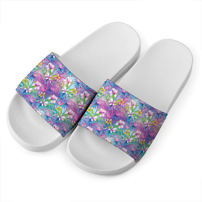 Tropical Flamingo And Hibiscus Print White Slide Sandals