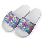 Tropical Flamingo And Hibiscus Print White Slide Sandals