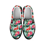 Tropical Floral Flamingo Pattern Print Black Slip On Shoes