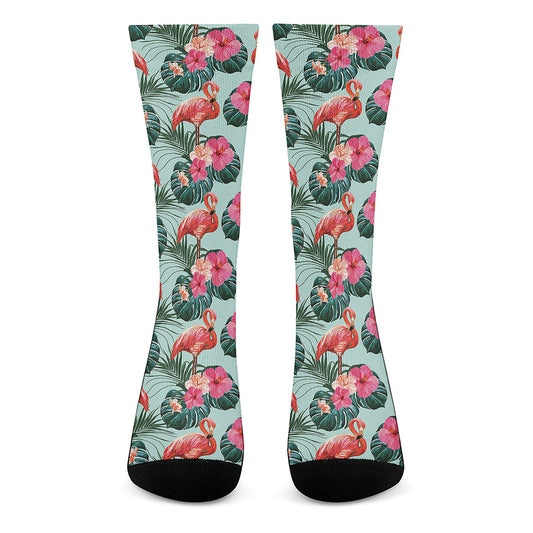 Tropical Floral Flamingo Pattern Print Crew Socks