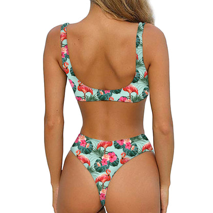 Tropical Floral Flamingo Pattern Print Front Bow Tie Bikini