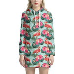 Tropical Floral Flamingo Pattern Print Hoodie Dress
