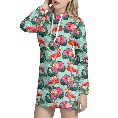 Tropical Floral Flamingo Pattern Print Hoodie Dress