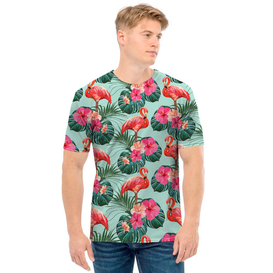 Tropical Floral Flamingo Pattern Print Men's T-Shirt