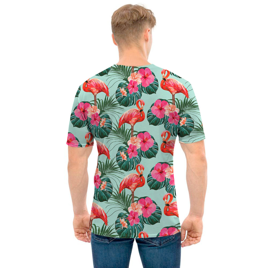 Tropical Floral Flamingo Pattern Print Men's T-Shirt