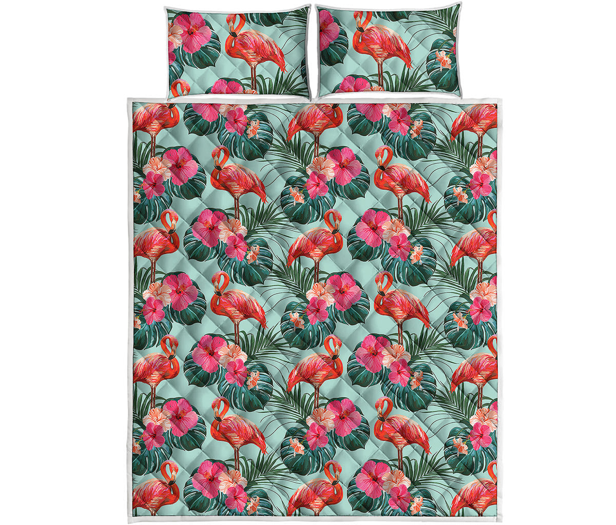 Tropical Floral Flamingo Pattern Print Quilt Bed Set