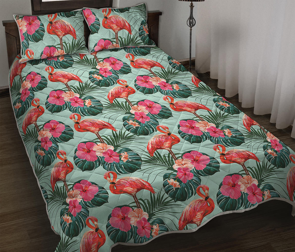 Tropical Floral Flamingo Pattern Print Quilt Bed Set