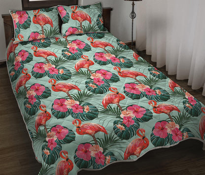 Tropical Floral Flamingo Pattern Print Quilt Bed Set