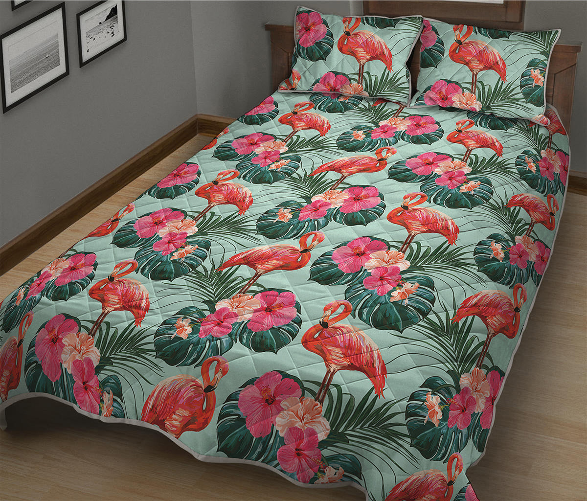 Tropical Floral Flamingo Pattern Print Quilt Bed Set