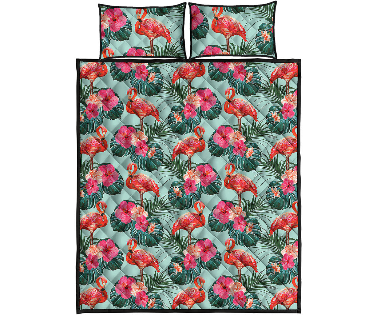 Tropical Floral Flamingo Pattern Print Quilt Bed Set