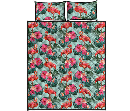 Tropical Floral Flamingo Pattern Print Quilt Bed Set