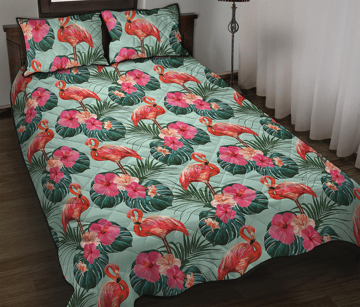 Tropical Floral Flamingo Pattern Print Quilt Bed Set