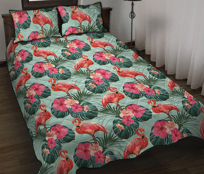 Tropical Floral Flamingo Pattern Print Quilt Bed Set