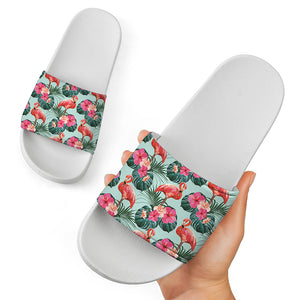 Tropical Floral Flamingo Pattern Print White Slide Sandals