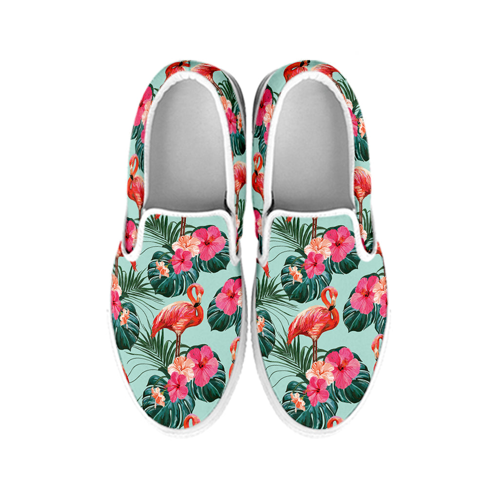 Tropical Floral Flamingo Pattern Print White Slip On Shoes