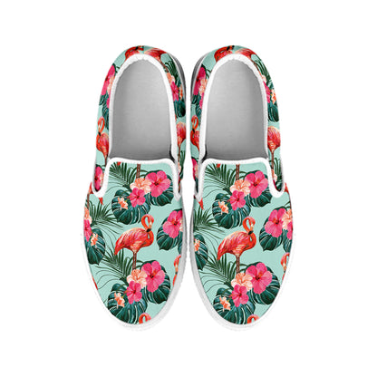 Tropical Floral Flamingo Pattern Print White Slip On Shoes