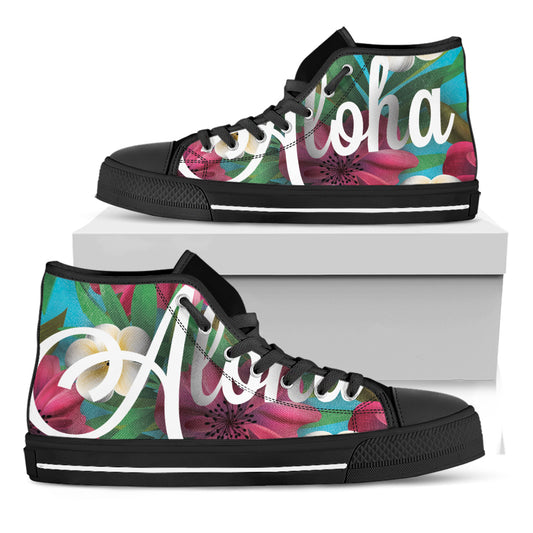 Tropical Flower Aloha Print Black High Top Shoes