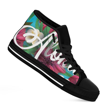 Tropical Flower Aloha Print Black High Top Shoes