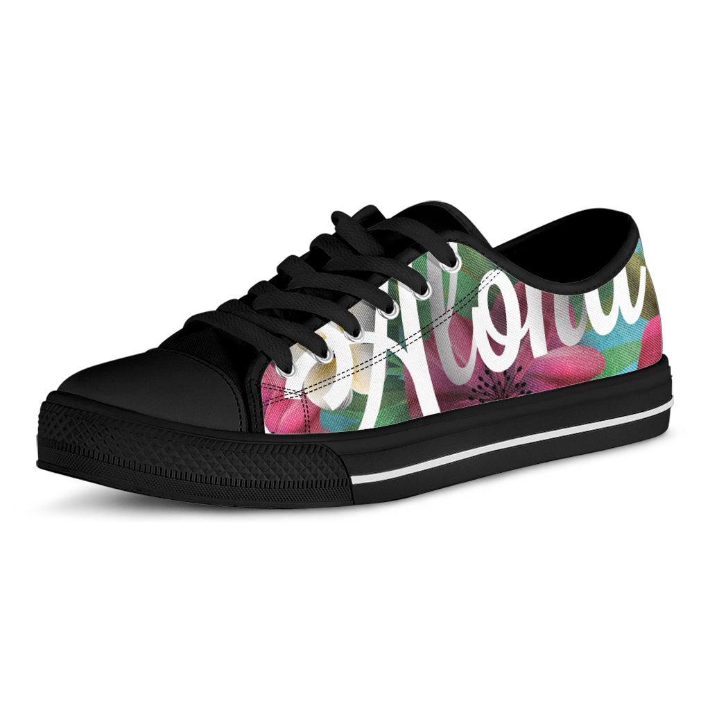 Tropical Flower Aloha Print Black Low Top Shoes 