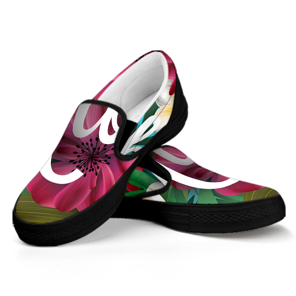 Tropical Flower Aloha Print Black Slip On Shoes