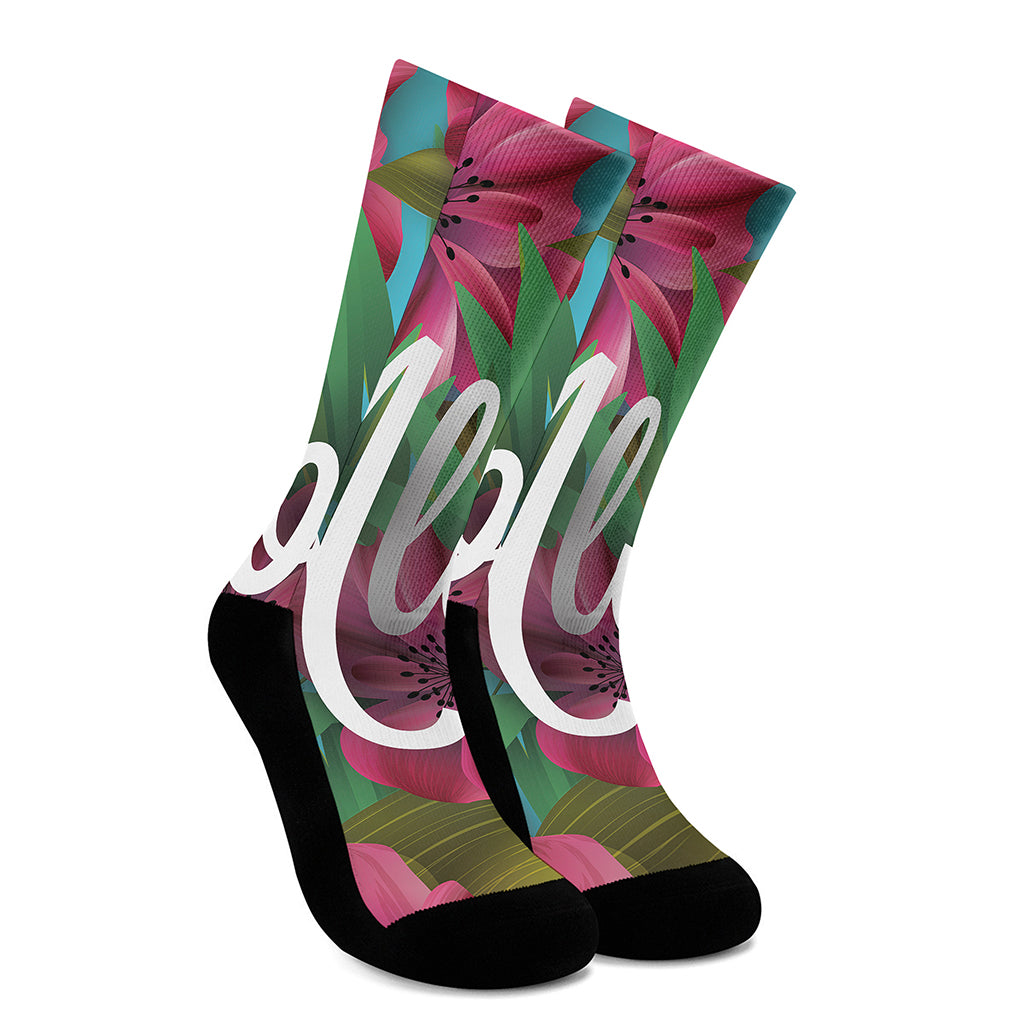 Tropical Flower Aloha Print Crew Socks