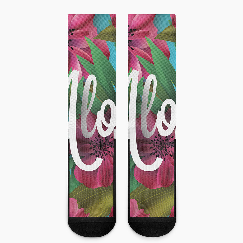 Tropical Flower Aloha Print Crew Socks