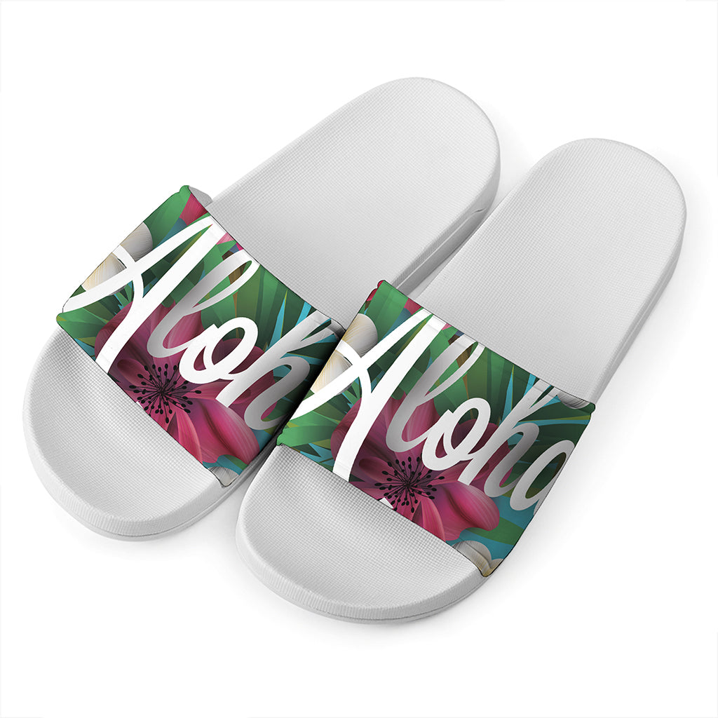 Tropical Flower Aloha Print White Slide Sandals