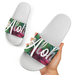 Tropical Flower Aloha Print White Slide Sandals