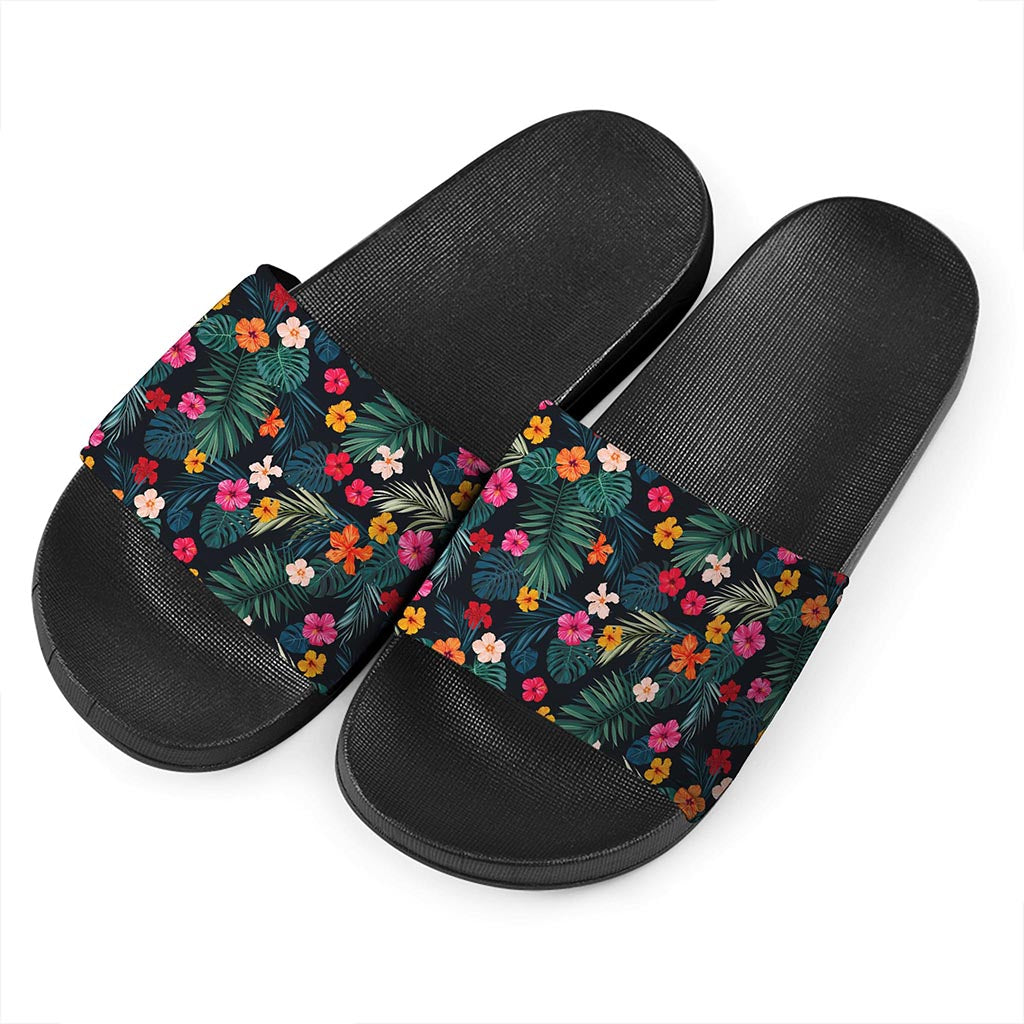 Tropical Flowers Hawaii Pattern Print Black Slide Sandals
