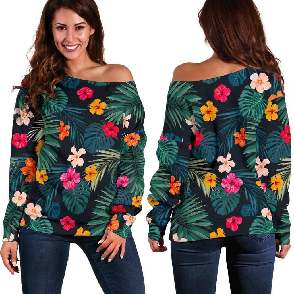 Tropical Flowers Hawaii Pattern Print Off Shoulder Sweatshirt GearFrost